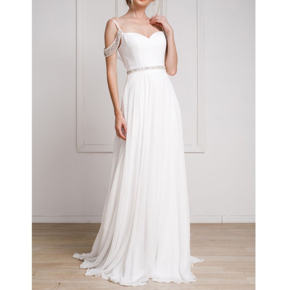 Amelia Off White Beaded Cold Shoulder Boho Sweetheart Neckline Wedding Gown 6